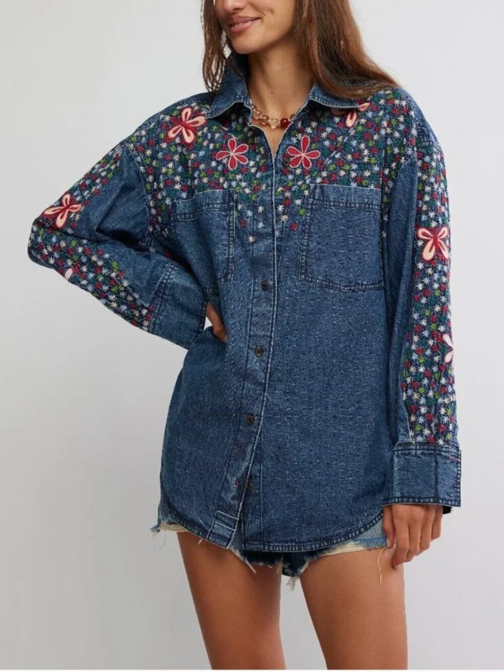 FREE PEOPLE NWT Rainbow Embroidered Denim Shirt / Rinse Wash - Picture 3 of 6